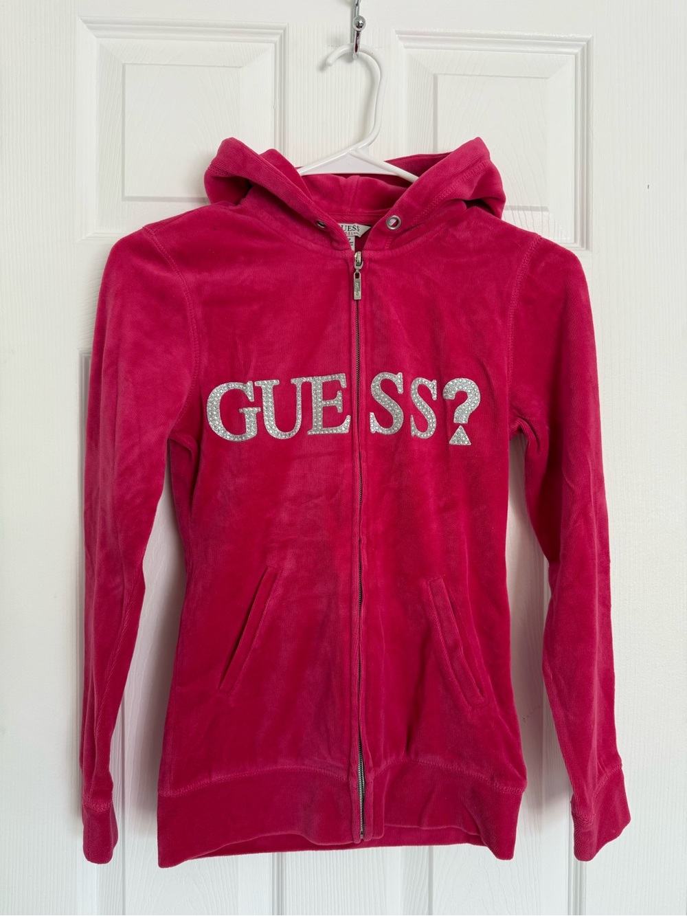 GUESS Hot Pink Velour Zip Hoodie with Rhinestone Logo